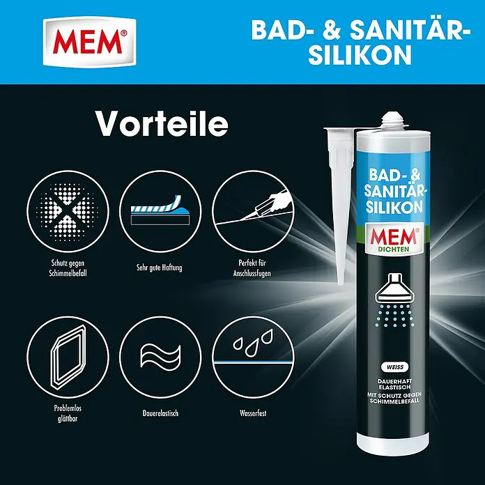 MEM Silikon Bad- & Sanitär-Silikon - Weiß, 300 ml - MEM Bad- & Sanitär-Silikon: Zuverlässiger Schutz vor Schimmel, dauerelastisch und wasserfest. Ideal für Bad und Sanitär.