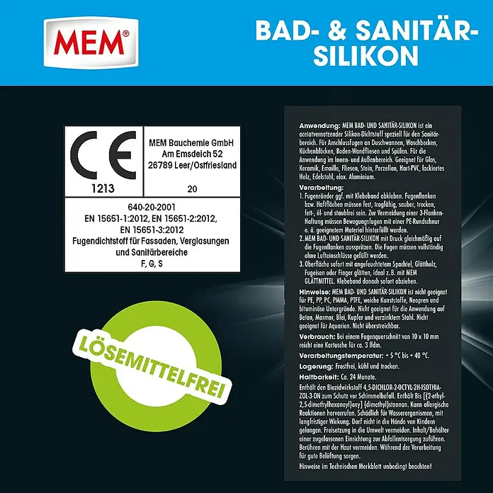 MEM Silikon Bad- & Sanitär-Silikon - Silbergrau, 300 ml - Produktabbildung von MEM Bad- & Sanitär-Silikon, einem lösemittelfreien Dichtstoff für Bad und Sanitär.