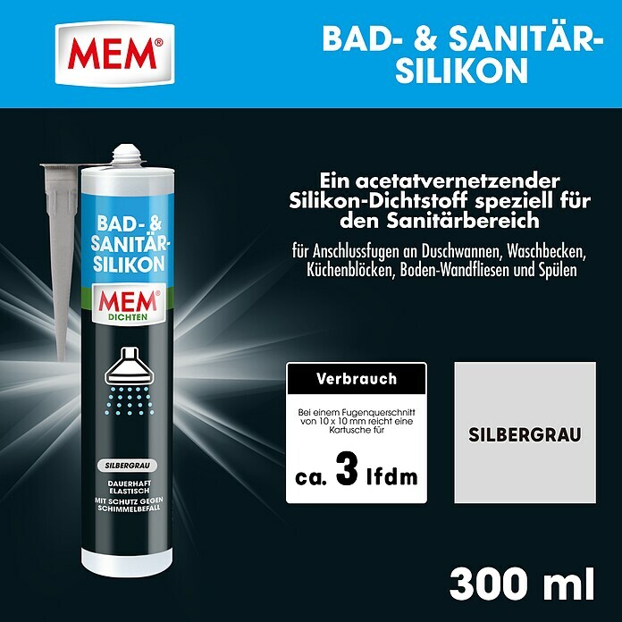 MEM Silikon Bad- & Sanitär-Silikon (Silbergrau, 300 ml) | BAUHAUS