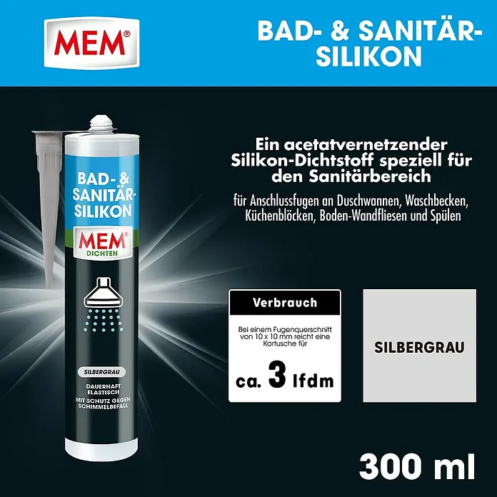 MEM Silikon Bad- & Sanitär-Silikon - Silbergrau, 300 ml - MEM Bad- & Sanitär-Silikon in Silbergrau, 300 ml Kartusche. Ideal für dauerhaft elastische Abdichtungen im Sanitärbereich mit Schutz gegen Schimmelbefall.