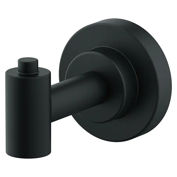 Camargue Lyon Handtuchhaken - Schwarz, Matt - Nahaufnahme eines mattschwarzen Mantelhaken zur Wandmontage mit zylindrischem Design und robustem Aussehen.