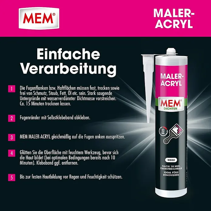 MEM Maleracryl - Weiß, 300 ml - MEM Maler-Acryl: Einfache Verarbeitung für Fugen. Die Acryl-Dichtmasse ist überstreichbar und ideal für Renovierungen.