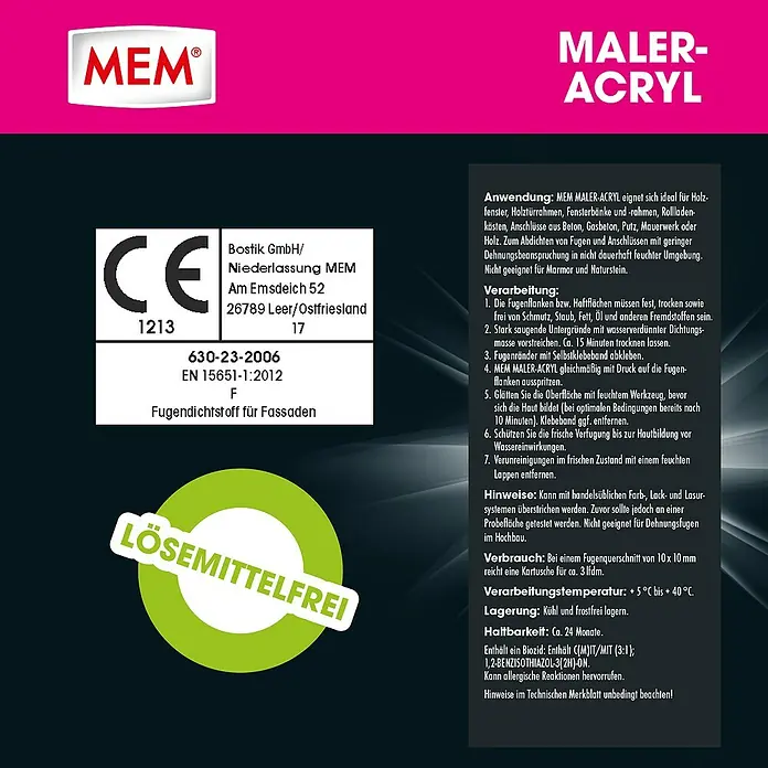 MEM Maleracryl - Weiß, 300 ml - MEM Maler-Acryl Fassadendichtstoff. Ideal für Holzfenster und Mauerwerk, lösemittelfrei und überstreichbar, für dauerelastische Fugen im Innen- und Außenbereich.