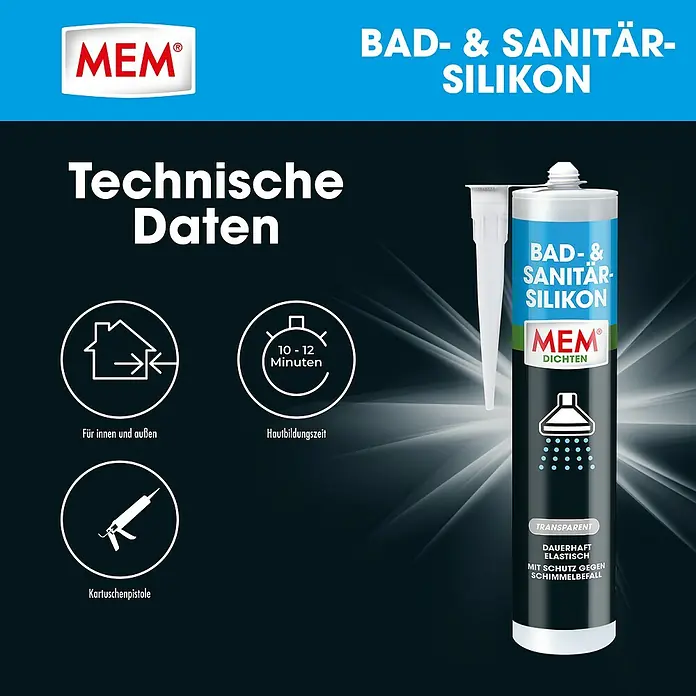 MEM Silikon Bad- & Sanitär-Silikon - Transparent, 300 ml - MEM Bad- & Sanitär-Silikon: Transparentes Silikon für Bad und Sanitär, dauerhaft elastisch und mit Schutz gegen Schimmelbefall.
