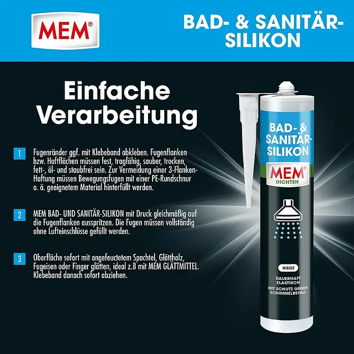 MEM Silikon Bad- & Sanitär-Silikon - Weiß, 300 ml - MEM Bad- und Sanitär-Silikon: Einfache Verarbeitung für dauerhaft elastische und schimmelresistente Fugen im Badezimmer.