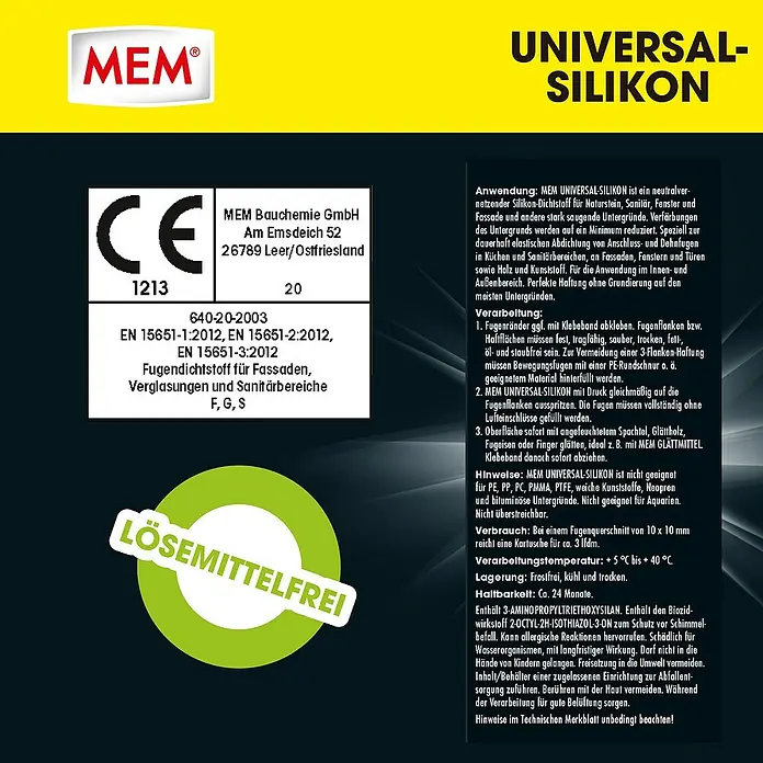 MEM Universal-Silikon 4in1 - Anthrazit, 300 ml - MEM Universal-Silikon: Neutralvernetzendes Silikon für Naturstein, Sanitär, Fenster und Fassade. Lösemittelfrei für vielfältige Anwendungen.
