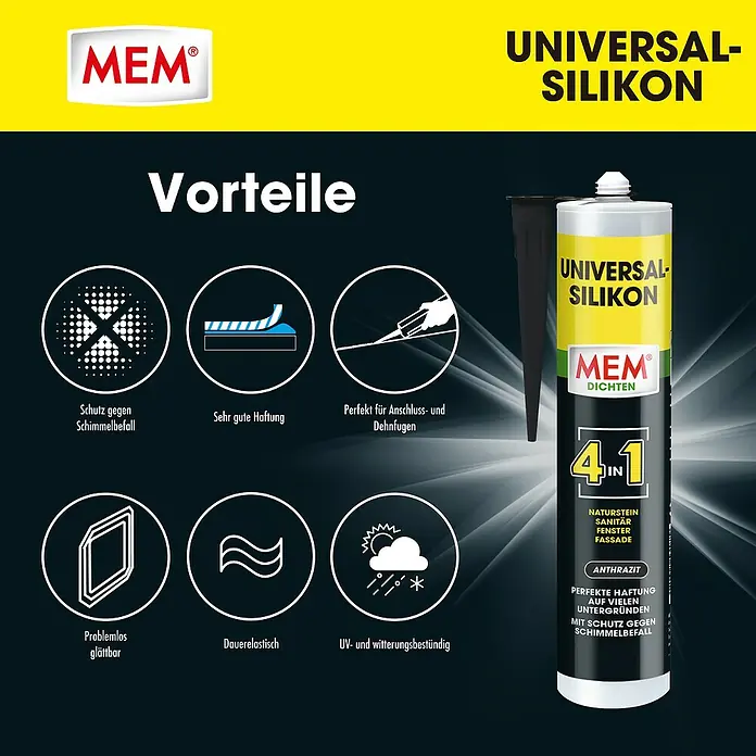 MEM Universal-Silikon 4in1 - Anthrazit, 300 ml - MEM Universalsilikon mit Schutz gegen Schimmelbefall, dauerelastisch und UV- sowie witterungsbeständig für Sanitär-, Fenster- und Fassadenanwendungen.