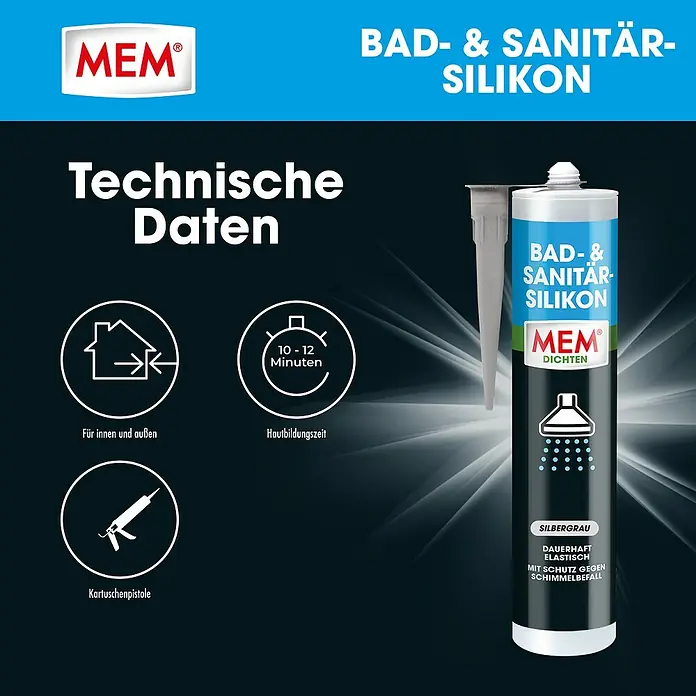 MEM Silikon Bad- & Sanitär-Silikon - Silbergrau, 300 ml - Bild des MEM Bad- & Sanitär-Silikons, einem Dichtmittel für Bad und Sanitär, mit technischen Daten und Produkteigenschaften.