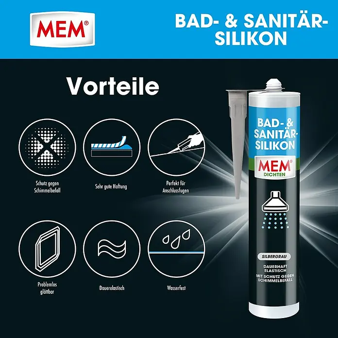 MEM Silikon Bad- & Sanitär-Silikon - Silbergrau, 300 ml - Produktbild von MEM Bad- & Sanitär-Silikon, das für seine Haftung, Elastizität und seinen Schutz vor Schimmelbildung wirbt.