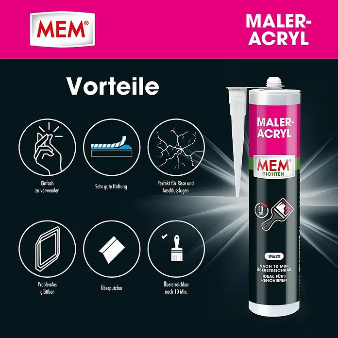 MEM Maleracryl - Weiß, 300 ml - MEM Maler-Acryl: Vorteile wie einfache Anwendung, sehr gute Haftung und ideal für Risse und Anschlussfugen, überstreichbar nach 10 Min.