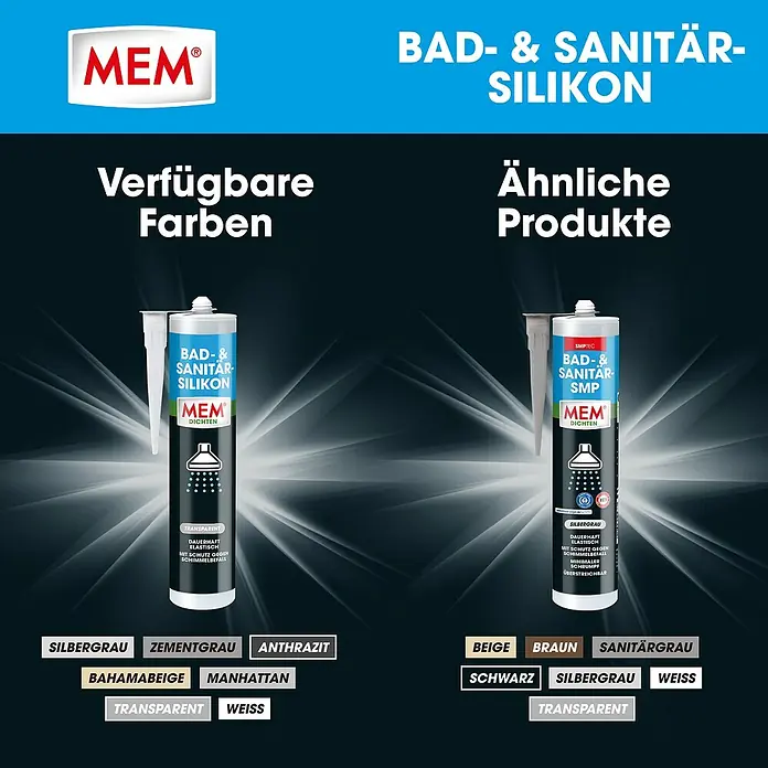 MEM Silikon Bad- & Sanitär-Silikon - Transparent, 300 ml - Produktbild von MEM Bad- & Sanitär-Silikon in verschiedenen Farben und ähnlichen Produkten.