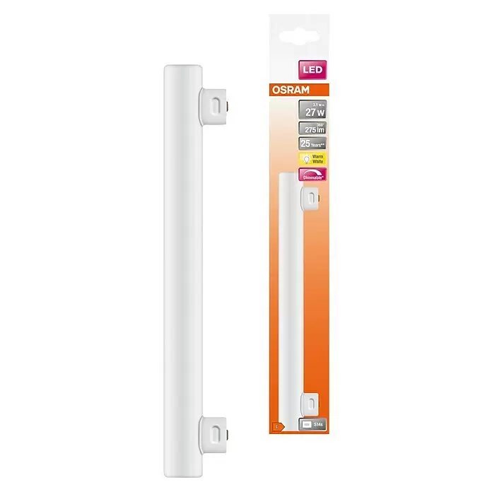 Osram Linienlampe LEDinestra - Länge: 300 mm, Warmweiß, 4,5 W, 250 lm, S14s - Weiße Osram LED S14s Lichtröhre. Sie ist 3,1W (entspricht 27W), Warmweiß und dimmbar, wie auf der Verpackung angegeben.