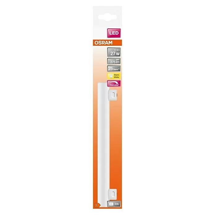 Osram Linienlampe LEDinestra - Länge: 300 mm, Warmweiß, 4,5 W, 250 lm, S14s - Weißes, zylindrisches OSRAM S14s LED-Leuchtmittel, mit Etiketten: 3.1W (27W), 275 lm, Warmweiß, Dimmbar, Energieklasse F.