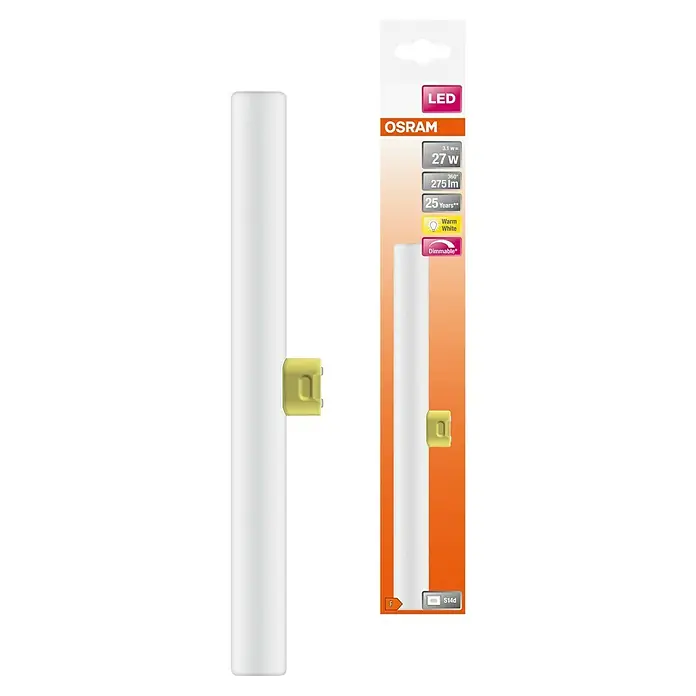 Osram Linienlampe LEDinestra - Länge: 300 mm, Warmweiß, 6 W, 250 lm, S14d - Bild einer Osram S14d LED-Lampe mit 27W, warmweiß, dimmbar, auf einer orangefarbenen Verpackung dargestellt, die eine Lebensdauer von 25 Jahren verspricht.