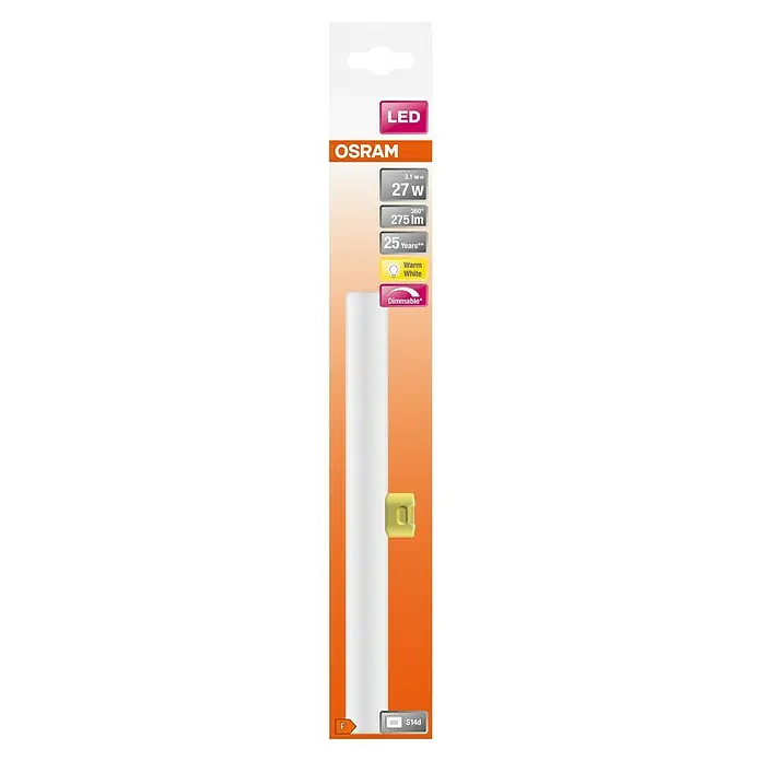 Osram Linienlampe LEDinestra - Länge: 300 mm, Warmweiß, 6 W, 250 lm, S14d - Aufnahme der Osram LED-Lampe S14d, die warmweißes Licht spendet, dimmbar ist und eine Lebensdauer von 25 Jahren hat.