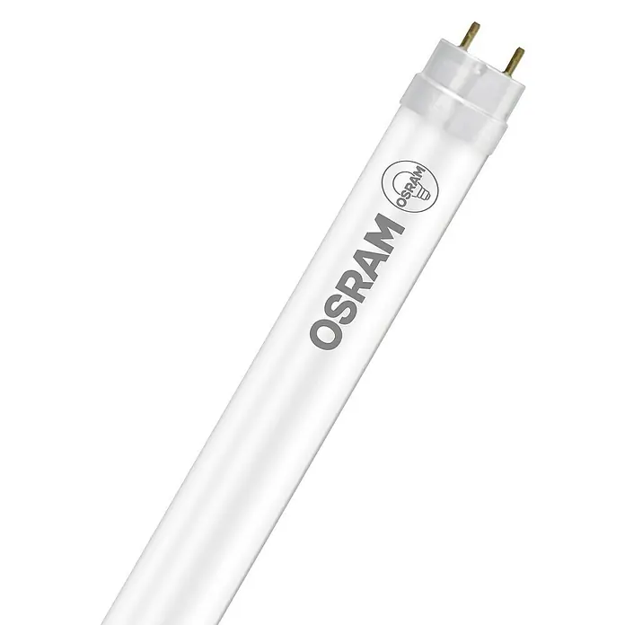 Osram LED Leuchtstoffröhre Tube T8 EMLänge: 45,1 cm, Kaltweiß, 5,4 W, 650 lm, G13 - Eine Osram Leuchtstoffröhre mit Sockel und sichtbaren Stiften. Ideal für Büros und andere Arbeitsbereiche.