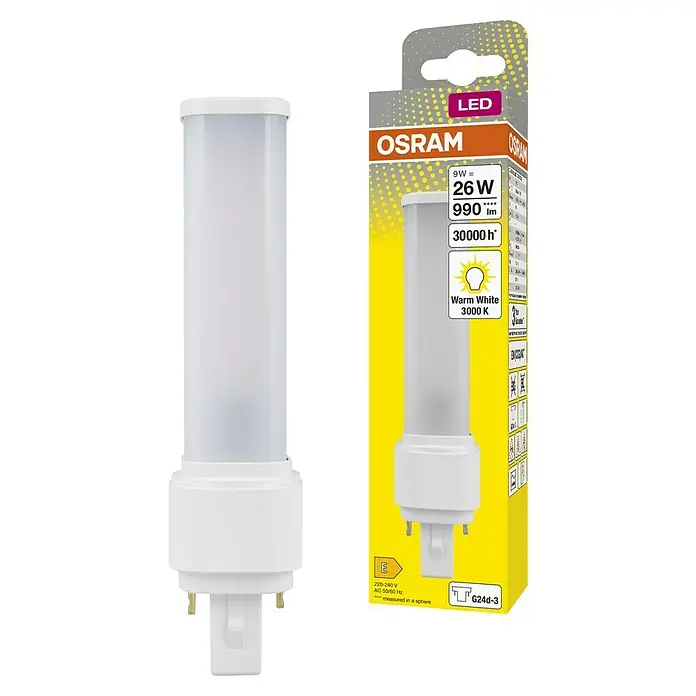 Osram Dulux D Bombilla LED - G24d-3, No regulable, Blanco cálido, 920 lm, 10 W - La imagen muestra una lámpara LED Osram de 9W, equivalente a 26W, que produce 990 lúmenes. El color de la luz es blanco cálido (3000K).