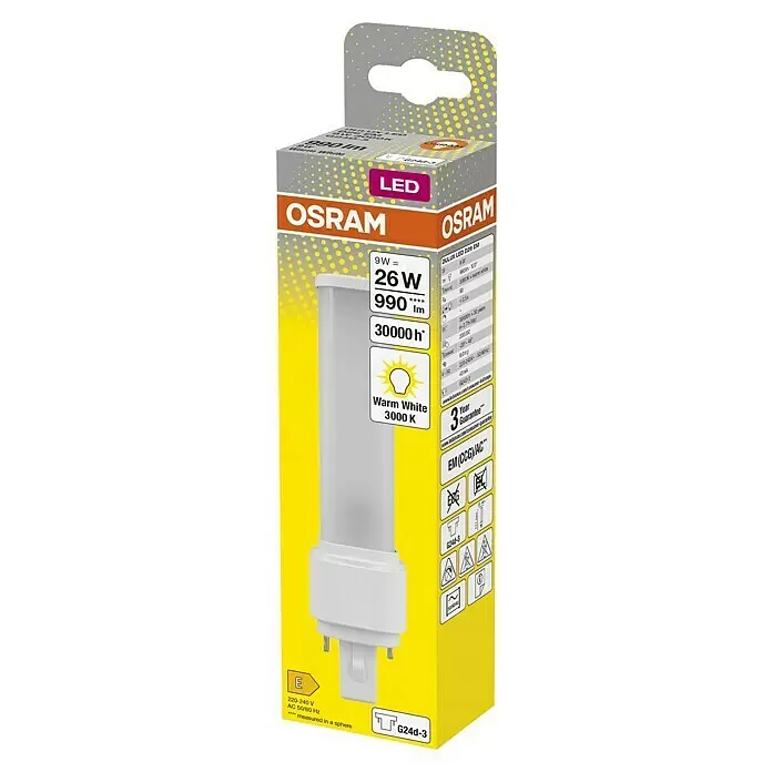 Osram Dulux D Bombilla LED - G24d-3, No regulable, Blanco cálido, 920 lm, 10 W - Lámpara LED Osram (9W, 3000K blanco cálido) con base G24d-3 en carcasa blanca, expuesta en su embalaje minorista amarillo y gris.