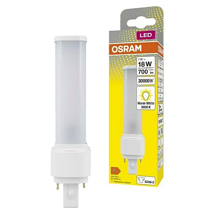 Osram Dulux D Bombilla LED - G24d-2, No regulable, Blanco cálido, 640 lm, 7 W - Lámpara LED OSRAM blanca (G24d-2, 7W=18W, 700lm, 3000K Blanco Cálido) con su embalaje amarillo y gris.