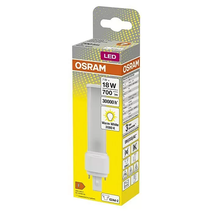 Osram Dulux D Bombilla LED - G24d-2, No regulable, Blanco cálido, 640 lm, 7 W - Lámpara LED OSRAM DULUX G24d-2 blanco cálido (3000K), 7W (equivalente 18W), en su embalaje de cartón gris y amarillo.