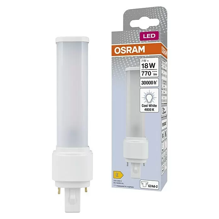 Osram Dulux D Bombilla LED - G24d-2, No regulable, Blanco frío, 640 lm, 7 W - Bombilla LED Osram cilíndrica blanca con base G24d-2, junto a su embalaje mostrando 7W, 770lm, Blanco Frío 4000K, clase E.