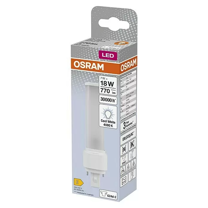 Osram Dulux D Bombilla LED - G24d-2, No regulable, Blanco frío, 640 lm, 7 W - Bombilla LED OSRAM DULUX (G24d-2, 7W/770lm, 4000K Blanco Frío) en su embalaje.