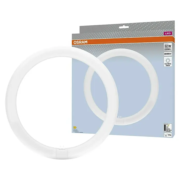 Osram LED-Röhre LED TUBE T9 EM - Länge: 30 cm, Neutralweiß, 19 W, 2.200 lm, G10q - Abbildung einer OSRAM LED-Ringlampe mit 32 W und 2200 Lumen, ideal für eine kühle, weiße Beleuchtung mit 4000 K und langer Lebensdauer.