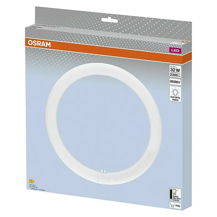 Osram LED-Röhre LED TUBE T9 EM - Länge: 30 cm, Neutralweiß, 19 W, 2.200 lm, G10q - Abbildung einer OSRAM LED Ringlampe in der Produktverpackung, die Lichtleistung und Farbtemperatur hervorhebt.