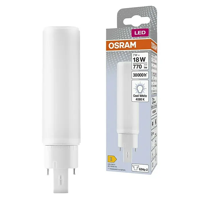 Osram LED-Röhre DULUX LED D/E - Länge: 14,28 cm, Kaltweiß, 7 W, 770 lm, G24q-2 - Produktbild einer Osram LED-Lampe, effizient und langlebig, ideal für vielfältige Beleuchtungszwecke, mit 7W Leistung und G24q-2 Sockel.