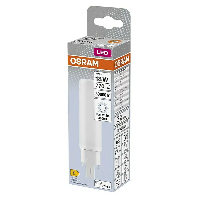 Osram LED-Röhre DULUX LED D/E - Länge: 14,28 cm, Kaltweiß, 7 W, 770 lm, G24q-2 - Produktverpackung einer OSRAM DULUX LED Lampe. Die LED-Lampe D/E18 HF bietet 7W, 770 Lumen und 4000K Farbtemperatur für kühles, weißes Licht.