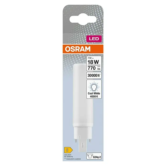Osram LED-Röhre DULUX LED D/E - Länge: 14,28 cm, Kaltweiß, 7 W, 770 lm, G24q-2 - Verpackung einer OSRAM LED Lampe mit 7W, entspricht 18W, 770 Lumen, 30000 Stunden Lebensdauer, Cool White 4000K, G24q-2 Sockel.