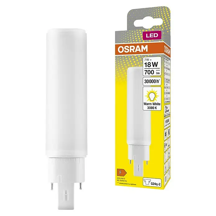 Osram LED-Röhre DULUX LED D/E - Länge: 14,28 cm, Warmweiß, 7 W, 770 lm, G24q-2 - Produktansicht: OSRAM LED-Lampe mit 7W Leistung, entspricht 18W, 700 Lumen Lichtstärke und warmweißem Licht (3000K) für G24q-2 Sockel.