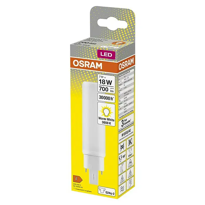 Osram LED-Röhre DULUX LED D/E - Länge: 14,28 cm, Warmweiß, 7 W, 770 lm, G24q-2 - Nahaufnahme einer OSRAM DULUX LED D/E/18 HF Lampe in der Verpackung. Die Lampe ist warmweiß mit 3000 K und hat eine lange Lebensdauer.