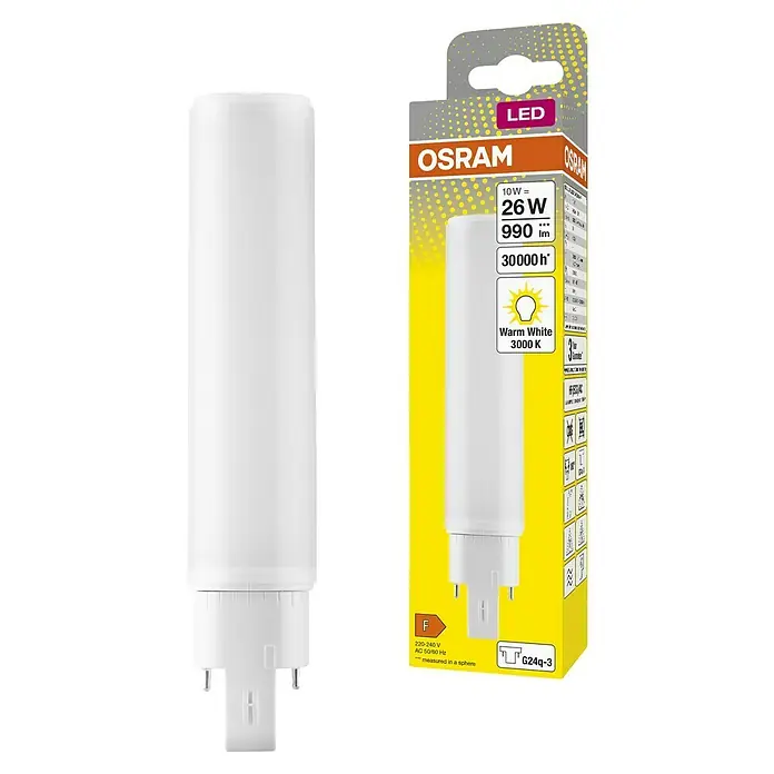 Osram LED-Röhre DULUX LED D/E - Länge: 16,98 cm, Warmweiß, 10 W, 990 lm, G24q-3 - Abbildung einer OSRAM LED-Lampe mit 10W Leistung, die warmweißes Licht mit 3000K erzeugt und eine Lebensdauer von 30000 Stunden hat.