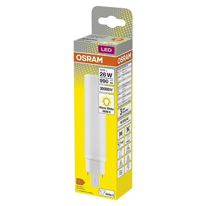 Osram LED-Röhre DULUX LED D/E - Länge: 16,98 cm, Warmweiß, 10 W, 990 lm, G24q-3 - Osram Dulux LED DE26 HF Lampe in der Verpackung. 10W Leistung, 26W Entsprechung, 990 Lumen, 30000 Stunden Lebensdauer und warmweißes Licht.