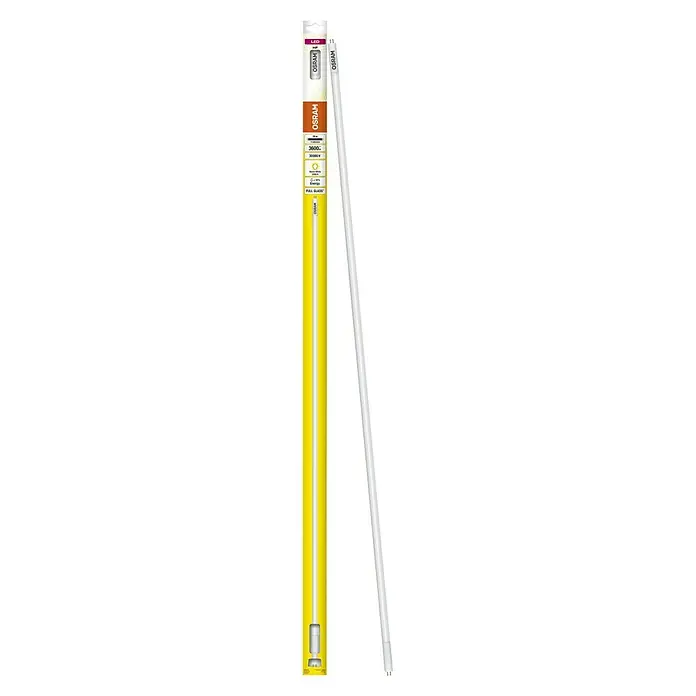 Osram LED-Röhre T5 - Länge: 116,3 cm, Warmweiß, 26 W, 3.600 lm, G5 - Aufnahme einer OSRAM LED-Röhre, die in ihrer Verpackung präsentiert wird und das Produkt und seine Verpackung hervorhebt.
