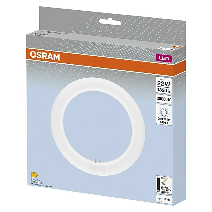 Osram LED-Röhre LED TUBE T9 EM - Länge: 21,2 cm, Kaltweiß, 11 W, 1.320 lm, G10q - Produktverpackung: OSRAM LED-Ringlampe mit 22W, 1320 Lumen und kaltweißem Licht (4000K) für den Einsatz mit Starter.
