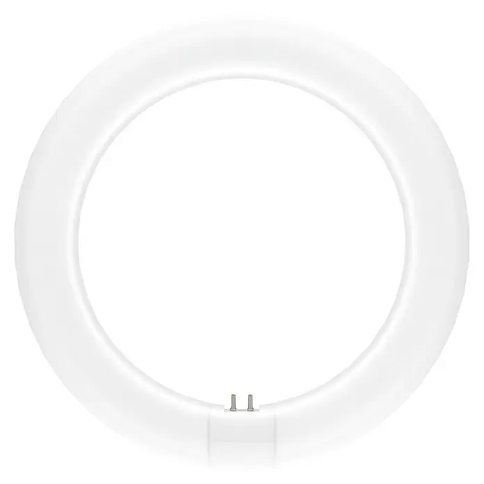 Osram LED-Röhre LED TUBE T9 EM - Länge: 21,2 cm, Kaltweiß, 11 W, 1.320 lm, G10q - Nahaufnahme einer weißen Ringlicht-Leuchtstoffröhre mit schwarzem Hintergrund, ideal für Studiofotografie oder Videografie.