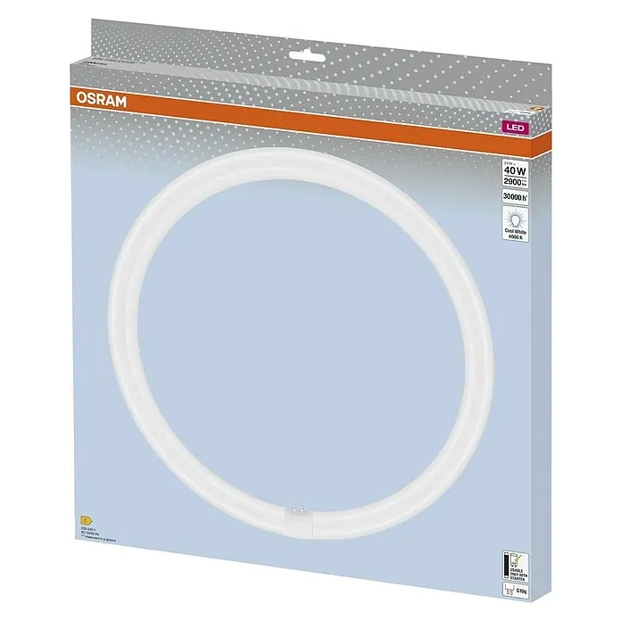 Osram LED-Röhre LED TUBE T9 EM - Länge: 40 cm, Kaltweiß, 24 W, 2.900 lm, G10q - Produktbild einer Osram LED-Röhre in runder Form, verpackt in einer hellgrauen Schachtel mit orangefarbenem Akzent.