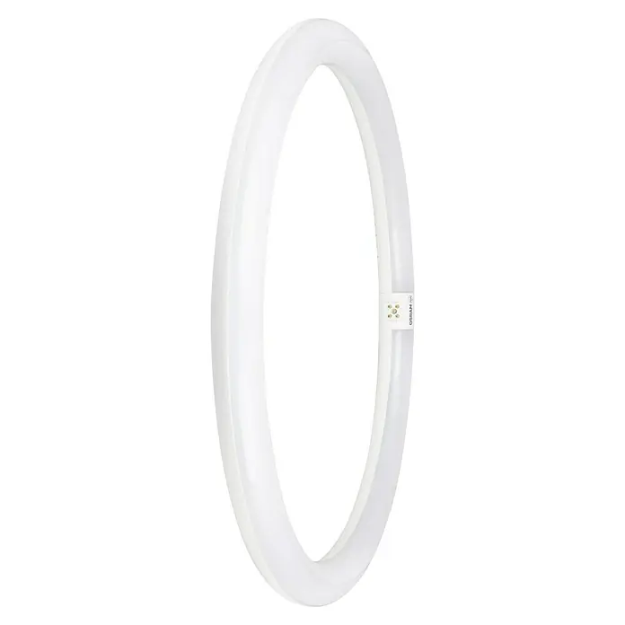 Osram LED-Röhre LED TUBE T9 EM - Länge: 40 cm, Kaltweiß, 24 W, 2.900 lm, G10q - Naheaufnahme einer ringförmigen Leuchtstofflampe von Osram mit schwarzem Hintergrund, die eine effiziente Beleuchtungslösung darstellt.