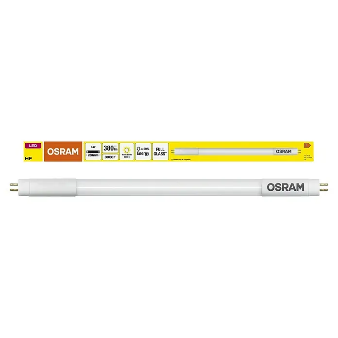 Osram LED-Röhre LED TUBE T5 HF SHORT - Länge: 30,2 cm, Warmweiß, 4 W, 380 lm, G5 - LED-Röhre von Osram, 4 W, 380 lm, 288 mm lang, warmweißes Licht (3000 K), lange Lebensdauer (30000 h), energiesparend, Vollglas.