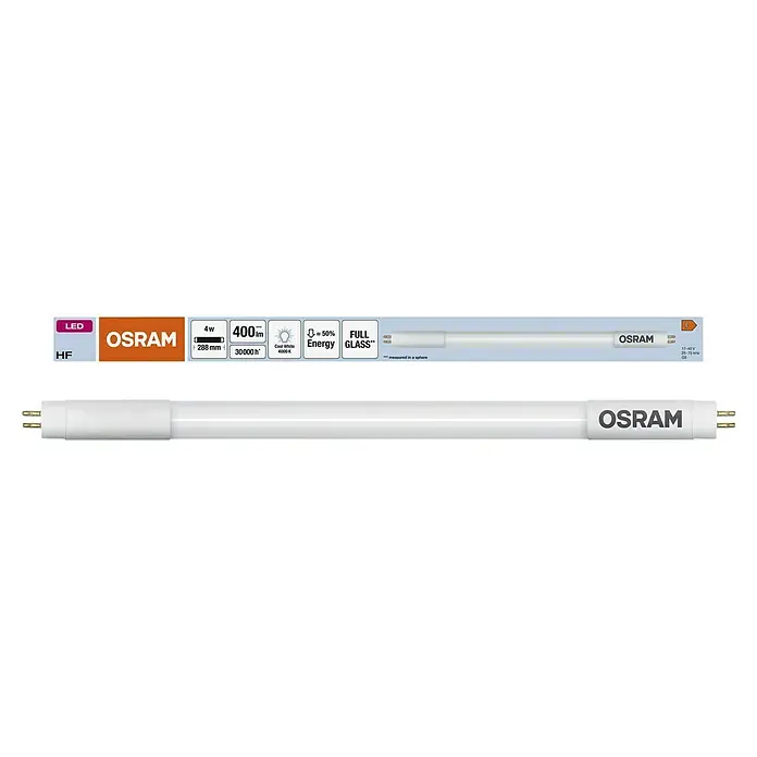 Osram LED-Röhre LED TUBE T5 HF SHORT - Länge: 30,2 cm, Kaltweiß, 4 W, 400 lm, G5 - Abbildung einer OSRAM LED-Röhre, 4W, 400 Lumen, 288 mm Länge, mit einer Lebensdauer von 30000 Stunden. Sie strahlt kaltweißes Licht aus (4000K) und ist aus Glas.