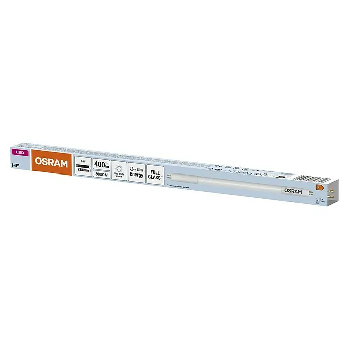 Osram LED-Röhre LED TUBE T5 HF SHORT - Länge: 30,2 cm, Kaltweiß, 4 W, 400 lm, G5 - Eine OSRAM LED HF Röhre mit 4W, 400lm, 288mm Länge und einer Lebensdauer von 30000h, verpackt in einer weißen Box.