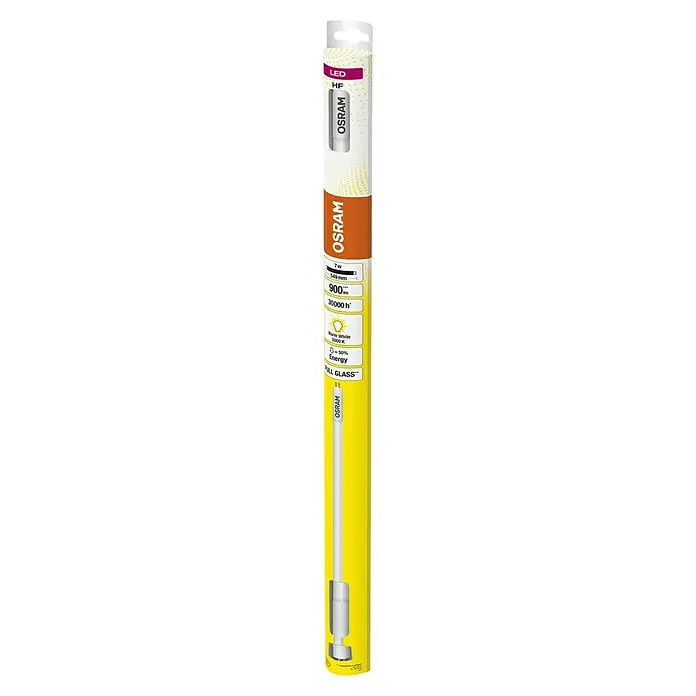 Osram LED-Röhre T5 - Länge: 56,3 cm, Kaltweiß, 7 W, 900 lm, G5 - Das Bild zeigt eine LED-Leuchtstoffröhre der Marke Osram in einer gelben Verpackung mit orangen Akzenten, die auf Energieeffizienz hinweist.
