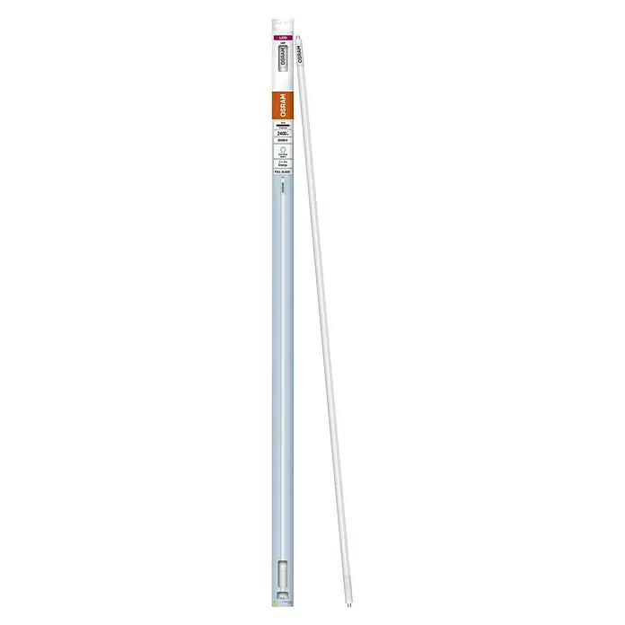 Osram LED-Röhre LED TUBE T5 HF - Länge: 116,3 cm, Kaltweiß, 2.400 lm, G5 - Ein Osram LED Röhrenleuchtmittel, verpackt in einer hellblauen Verpackung mit orangen und weißen Akzenten, für eine energieeffiziente Beleuchtung.