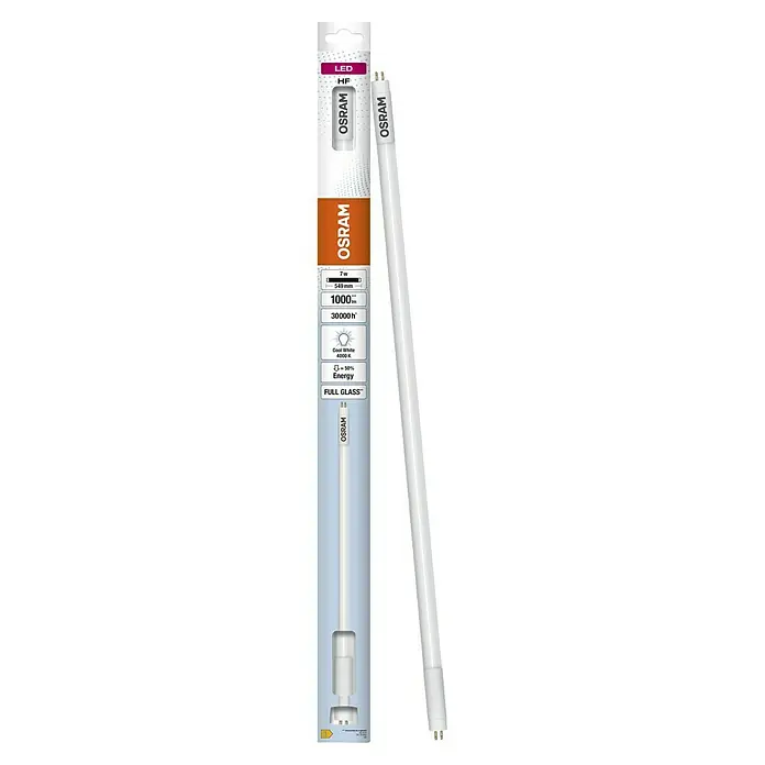 Osram LED-Röhre LED TUBE T5 HF - Länge: 56,3 cm, Kaltweiß, 7 W, 1.000 lm, G5 - Produktfoto einer Osram LED Röhre mit Verpackung. Die Röhre ist weiß und länglich, die Verpackung ist grau mit orangen Akzenten.