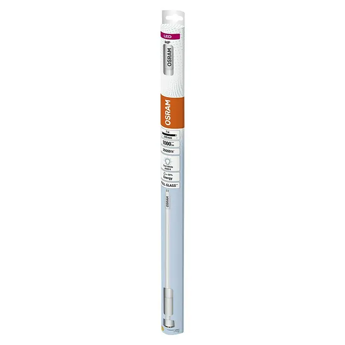 Osram LED-Röhre LED TUBE T5 HF - Länge: 56,3 cm, Kaltweiß, 7 W, 1.000 lm, G5 - Eine LED-Röhre der Marke Osram, verpackt in einer schlanken, länglichen Schachtel. Die Produktinformationen sind gut sichtbar aufgedruckt.