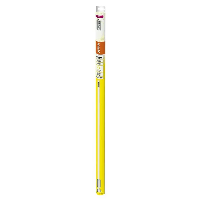 Osram LED-Röhre T5 - Länge: 86,3 cm, Warmweiß, 10 W, 1.350 lm, G5 - Osram LED Röhre in gelber Verpackung. Die Röhre ist weiß und hat an beiden Enden silberne Kappen. Ideal für helles, effizientes Licht.