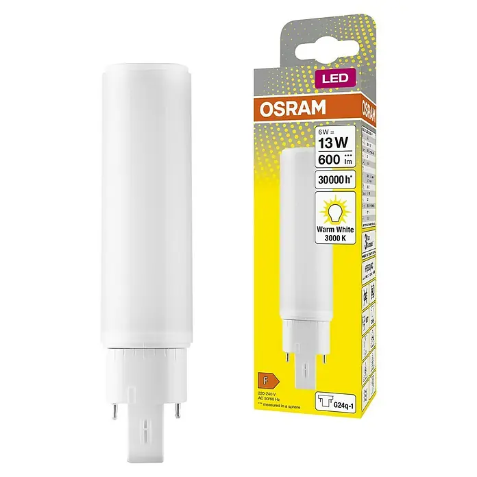 Osram LED-Röhre DULUX LED D/E - Länge: 14,28 cm, Warmweiß, 6 W, 600 lm, G24q-1 - Abbildung einer OSRAM LED-Lampe G24q-1, die 6W verbraucht und 13W entspricht, mit 600 lm Lichtstrom und einer Lebensdauer von 30000 Stunden.