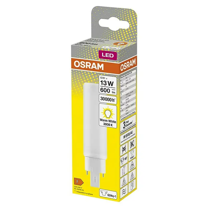 Osram LED-Röhre DULUX LED D/E - Länge: 14,28 cm, Warmweiß, 6 W, 600 lm, G24q-1 - Bild einer Osram DULUX LED Lampe D/E13 HF mit 6W Leistung, die 13W herkömmlicher Lampen ersetzt und 600 Lumen liefert.